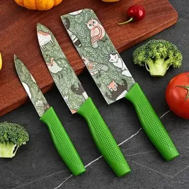 Kitchen Knife Set with Green Handles and Patterned Blades