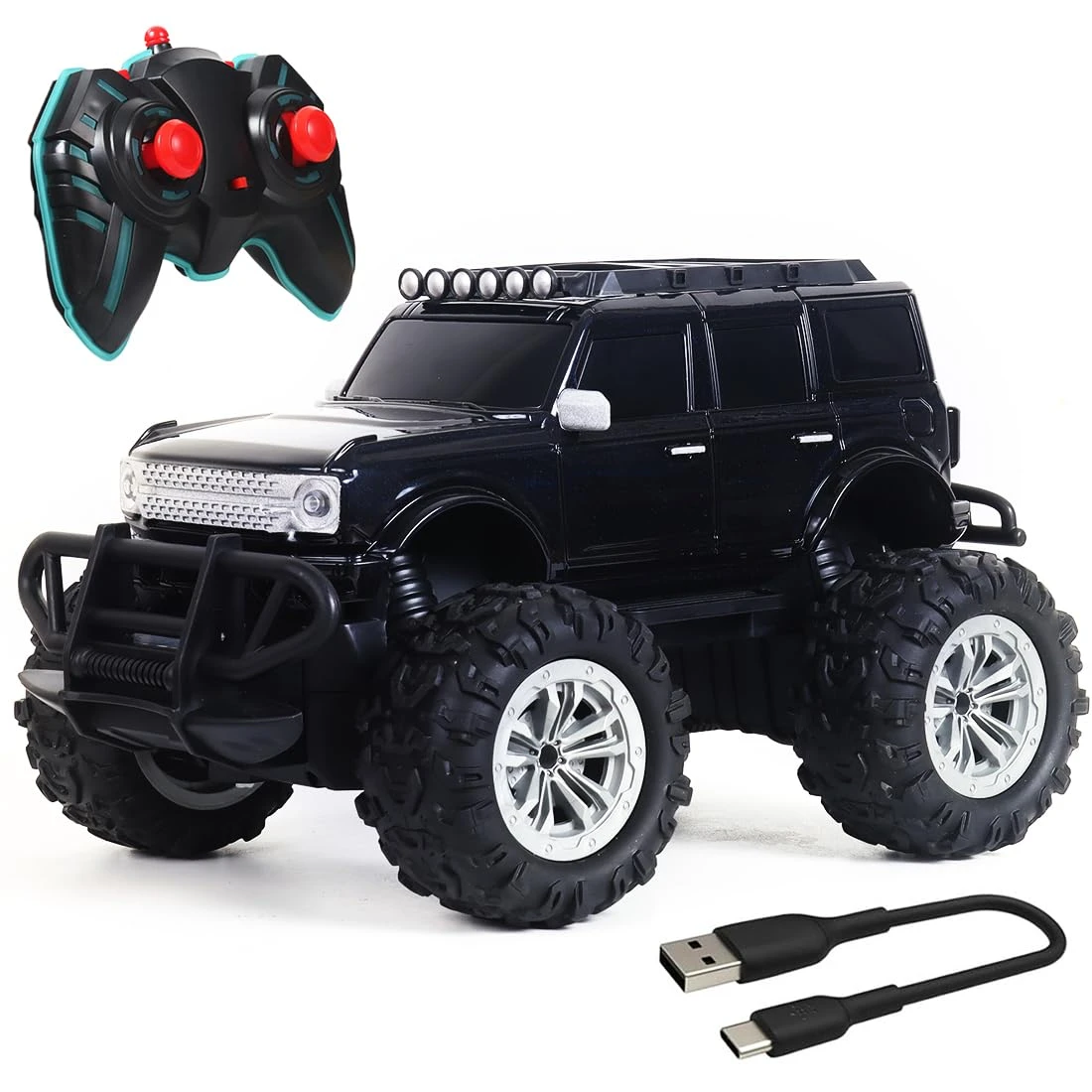 Rechargeable Remote Control Car Toy for Boys | Monster Truck RC Car with 4 Headlight Modes | Lithium Battery | C-Type Charging | Remote Car for Kids Adult | Made in India - Black