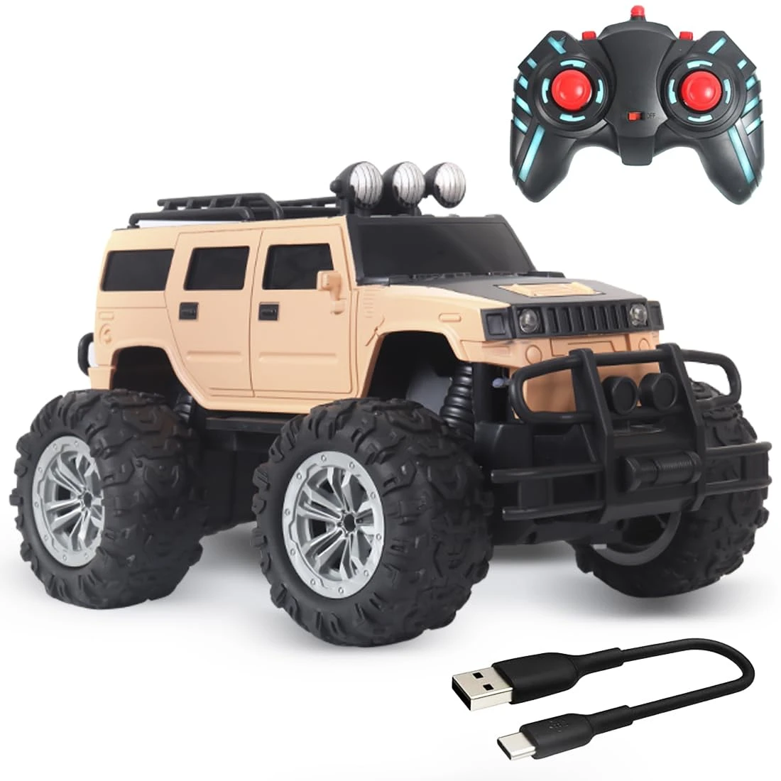 Rechargeable Remote Control Car Toy for Boys | Monster Truck RC Car with 4 Headlight Modes | Lithium Battery | C-Type Charging | Remote Car for Kids Adult | Made in India - Beige