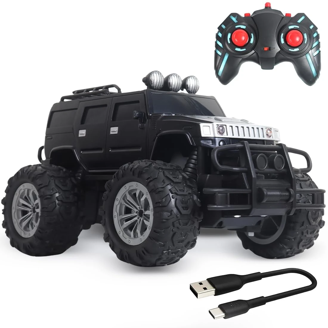 Rechargeable Remote Control Car Toy for Boys | Monster Truck RC Car with 4 Headlight Modes | Lithium Battery | C-Type Charging | Remote Car for Kids Adult | Made in India - Black