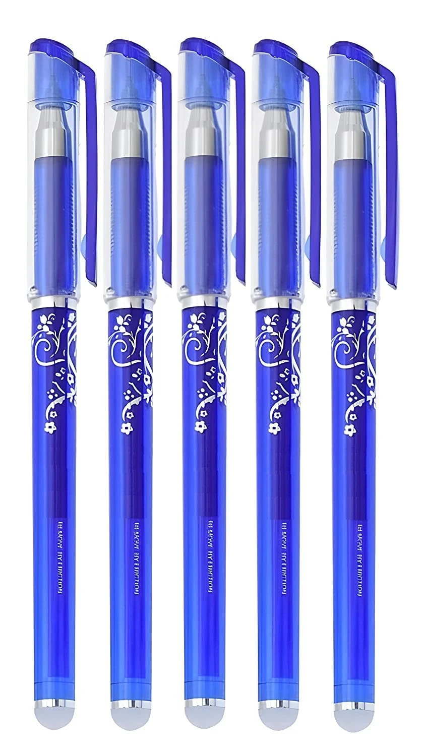Pack of 5 Pcs Blue Ink Erasable Gel Pen Set with attached Magic Wipe Eraser (0.35mm Nib Size) Gel Pen 0.5mm