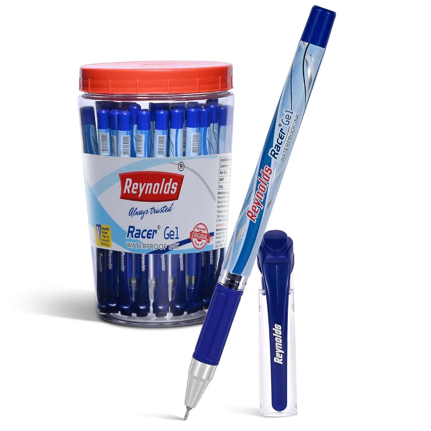 Reynolds RACER GEL Pen SET - 40 BLUE PENS WITH COMFORTABLE GRIP | BLUE GEL PENS FOR WRITING | PEN FOR STUDENTS & OFFICE STATIONERY | 0.5 mm TIP SIZE