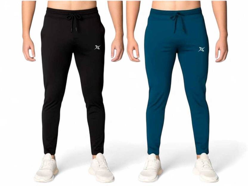 Pack of 2 Men Solid Black, Blue Track Pants