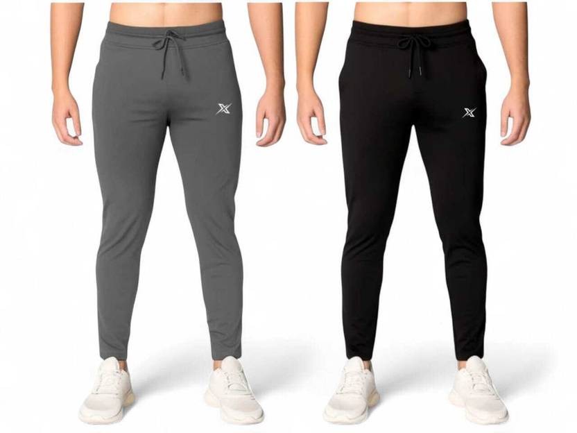 Pack of 2 Men Solid Grey, Black Track Pants