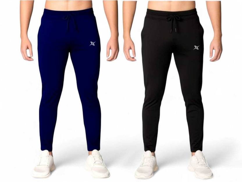 Pack of 2 Men Solid Blue, Black Track Pants