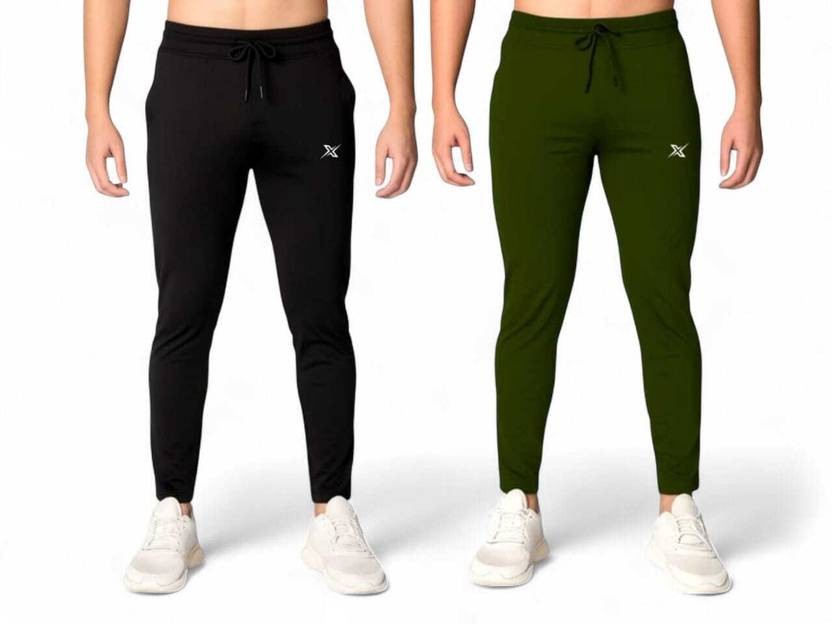 Pack of 2 Men Solid Black, Green Track Pants