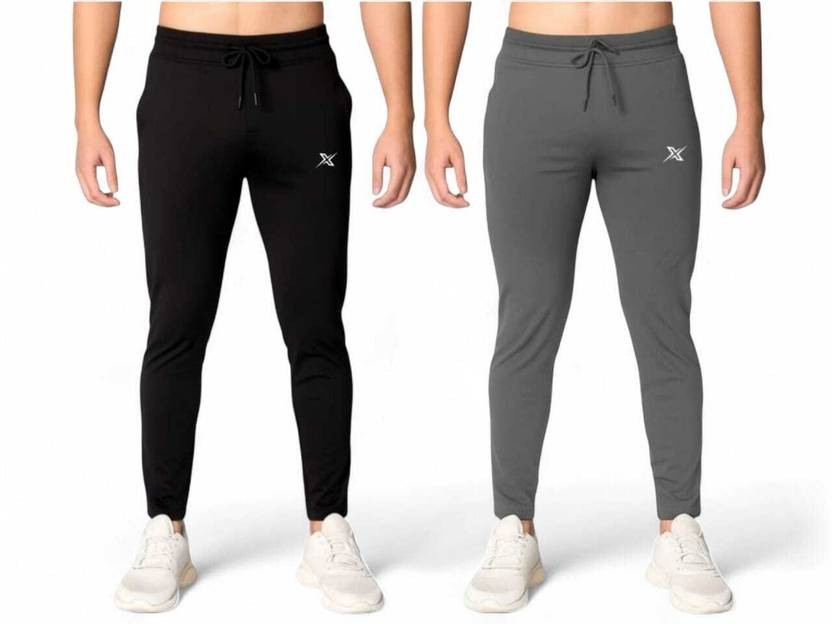 Pack of 2 Men Solid Black, Grey Track Pants