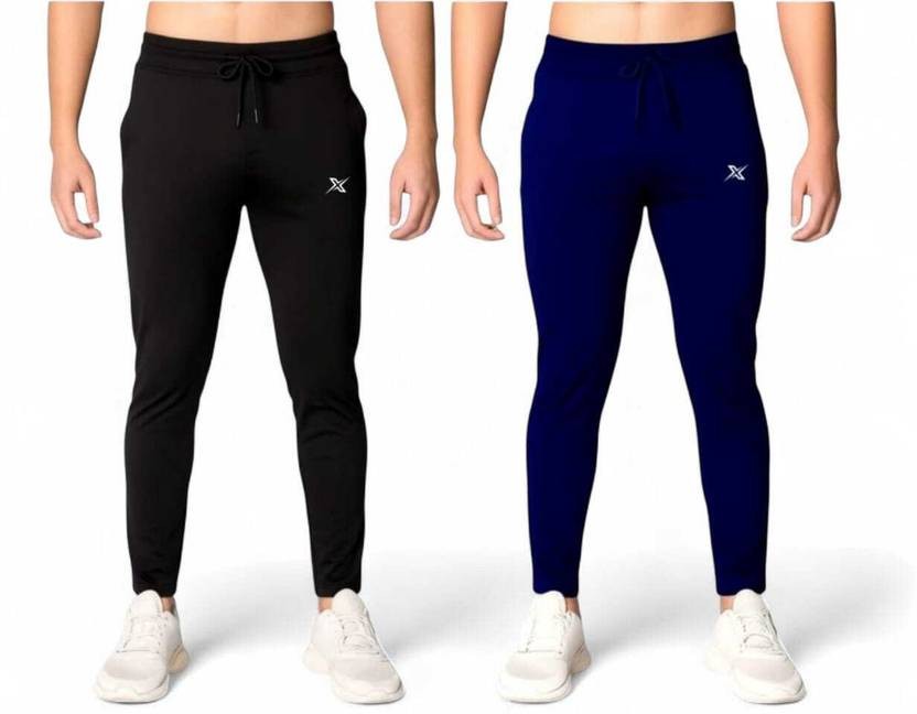 Pack of 2 Men Solid Black, Blue Track Pants