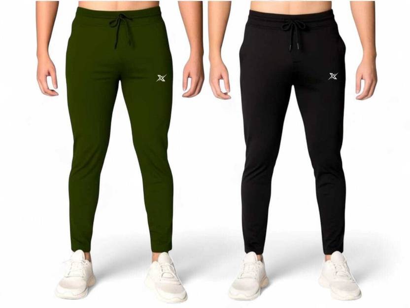 Pack of 2 Men Solid Green, Black Track Pants