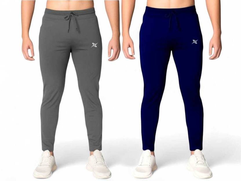 Pack of 2 Men Solid Grey, Blue Track Pants