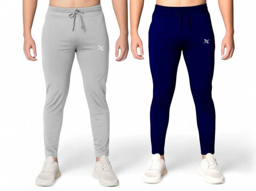 Pack of 2 Men Solid Grey, Blue Track Pants