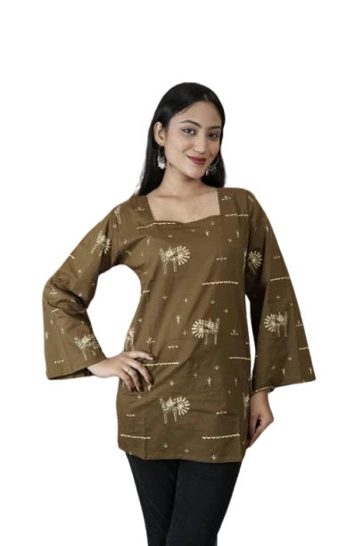 Women's Floral Print Brown Kurti