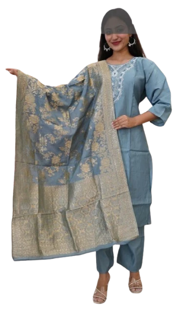 Grey Kurta Set with Printed Dupatta