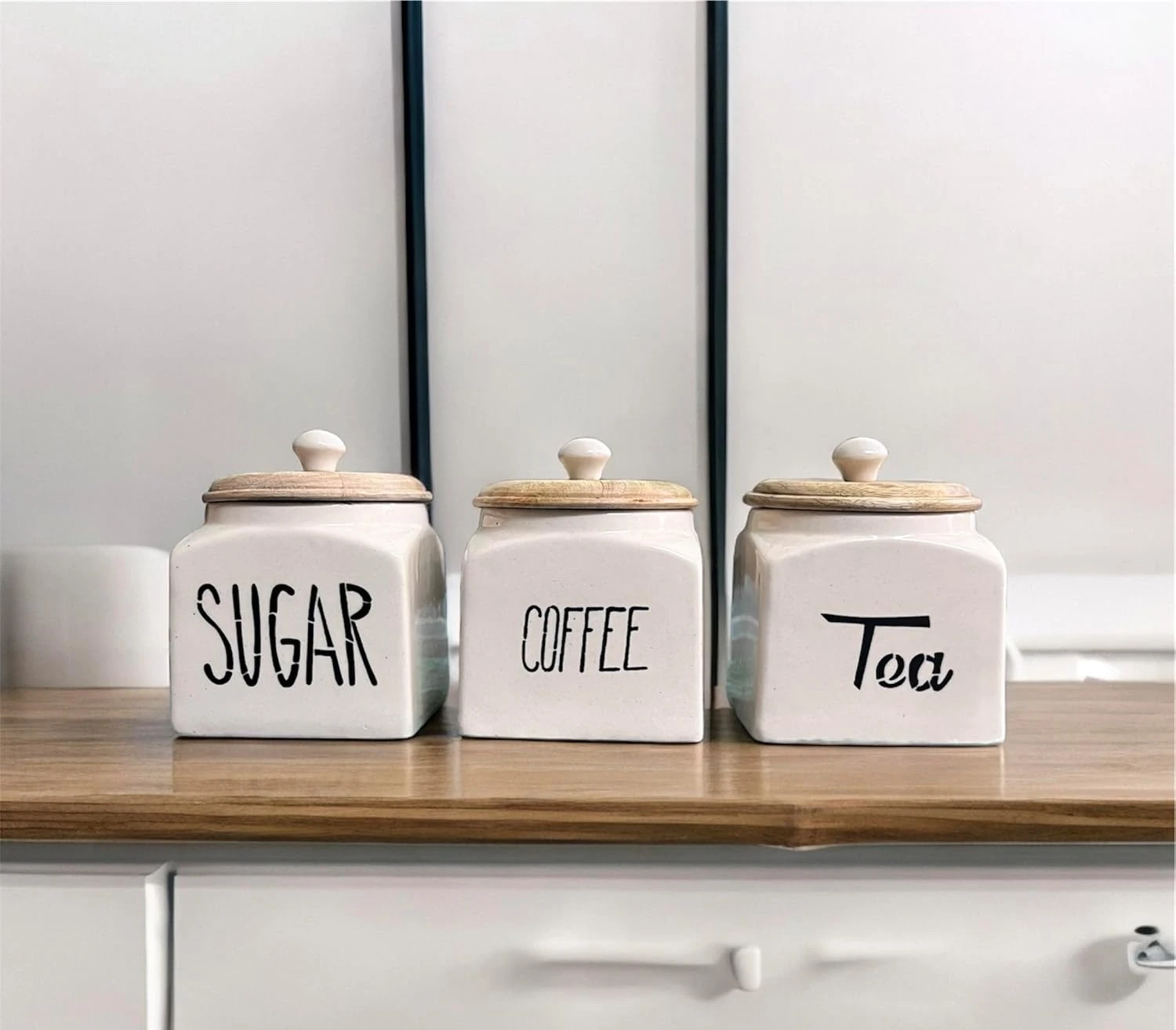 Ceramic Tea Coffee Sugar Containers Set of 3 | Tea Coffee Sugar Canister Jars with Airtight Wooden Lid | Kitchen Storage or tea coffee sugar White Barni