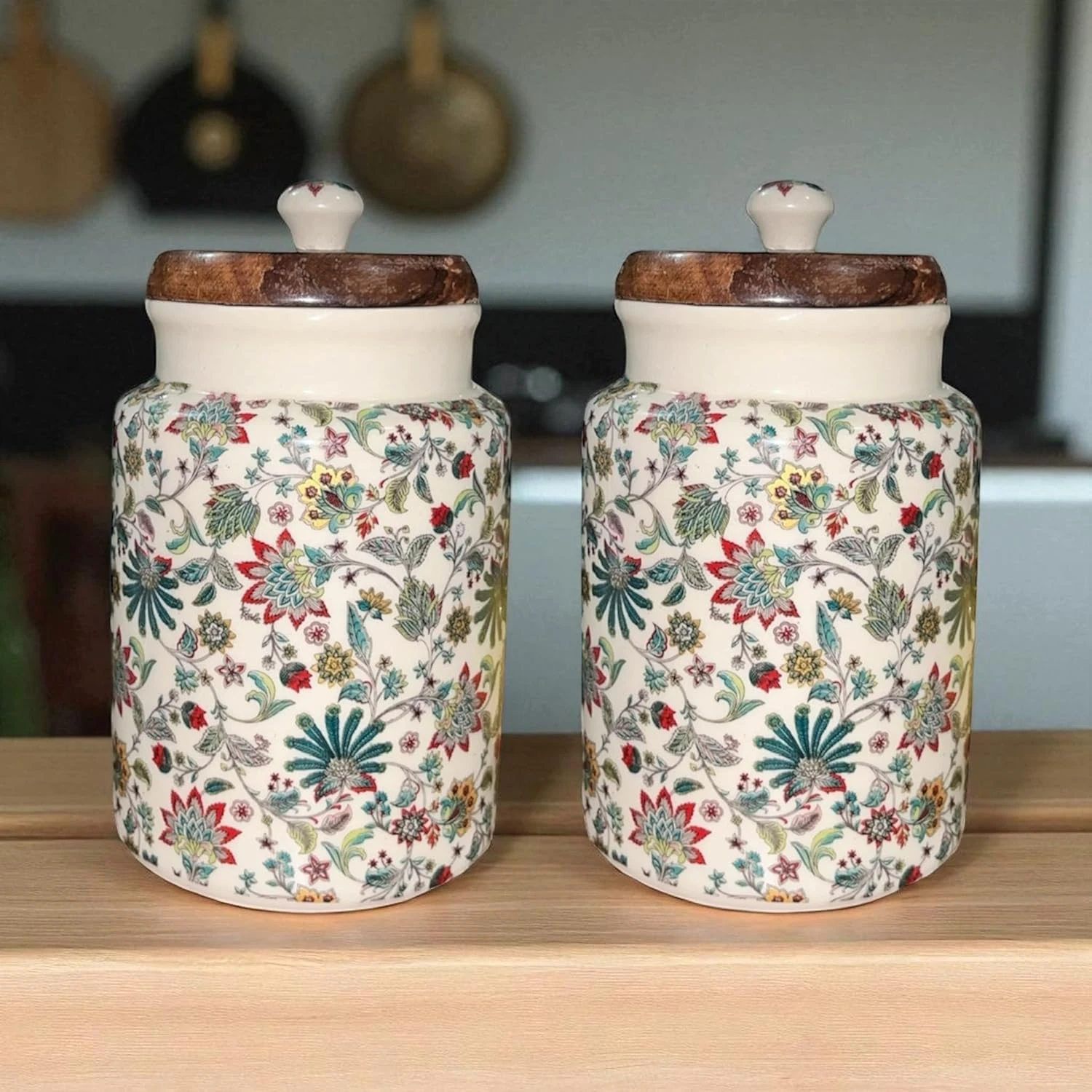 Ceramic Airtight Container with wooden lid (Blue & Red Floral)
