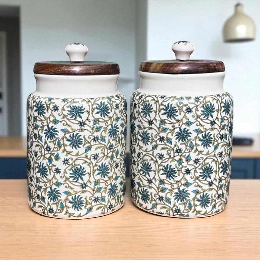 Handpainted Ceramic Jars with Airtight Wooden Lid | Kitchen Storage | Multipurpose Barni | Pickle jar Storage Container 900ML | Matte Finish | Floral Pattern| Set of 2