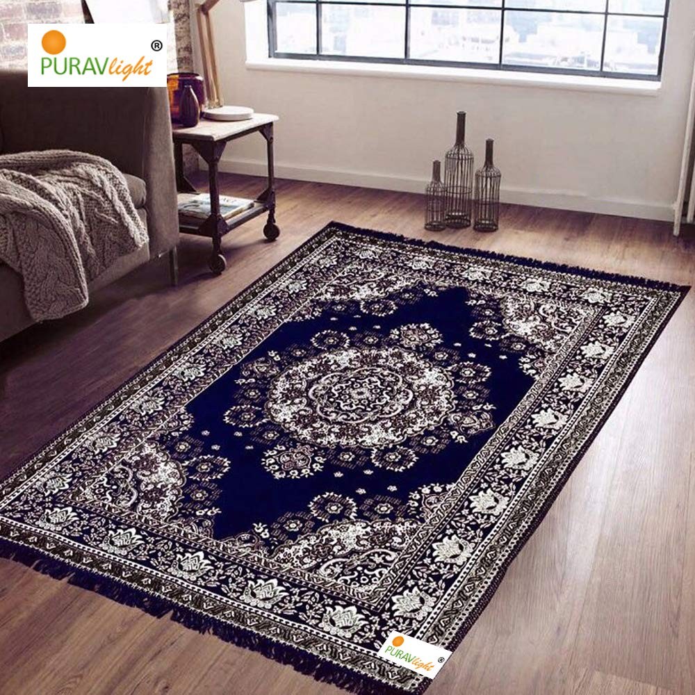 Light Home Decor Cotton Carpets for Living Room 5x7 feet Multi-Use Flower Design Carpet Mats (Blue Colour)
