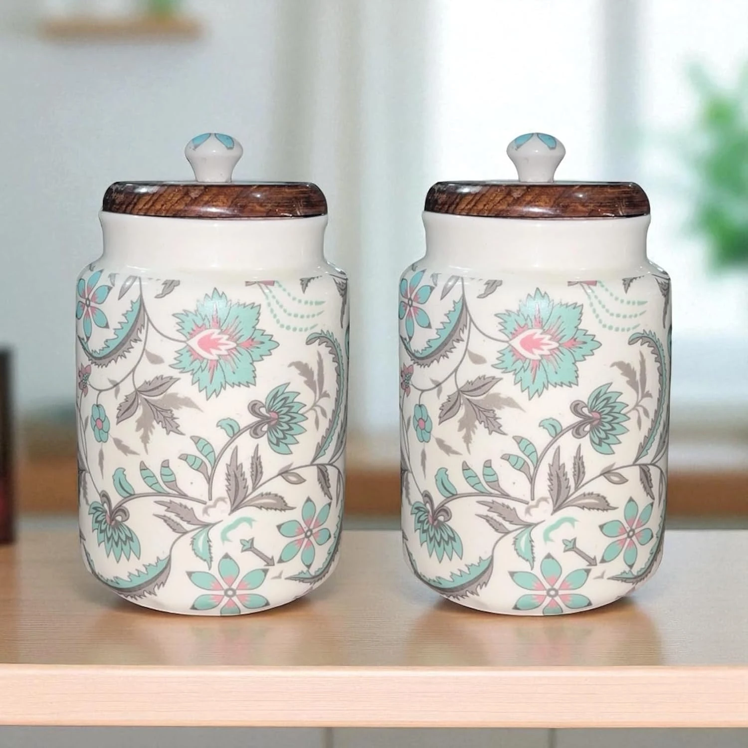 Ceramic Airtight Container with wooden lid (Light Blue Floral)