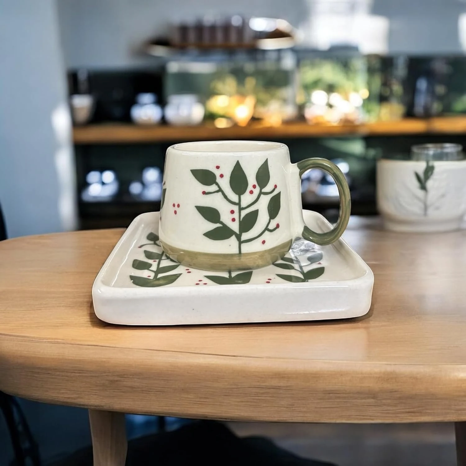 Ceramic Tea Cup and Saucer Set with Green Leaf Pattern, White