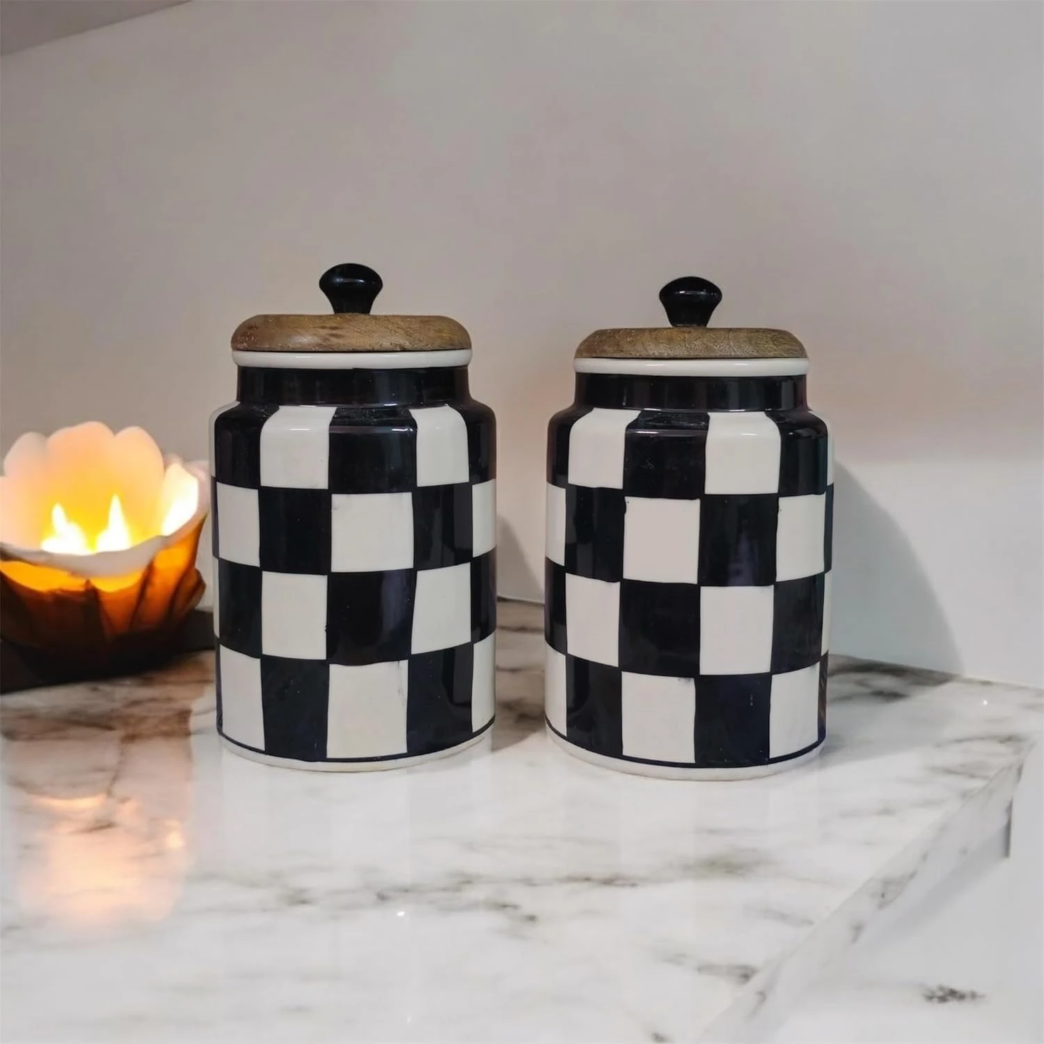 Ceramic Jars with Airtight Wooden Lid | Container | Storage jar | Kitchen Storage for Sugar, Tea, Salt, Pickles | Multipurpose Barnis | Multicolour Set of 2, 900ML each (Black & White)