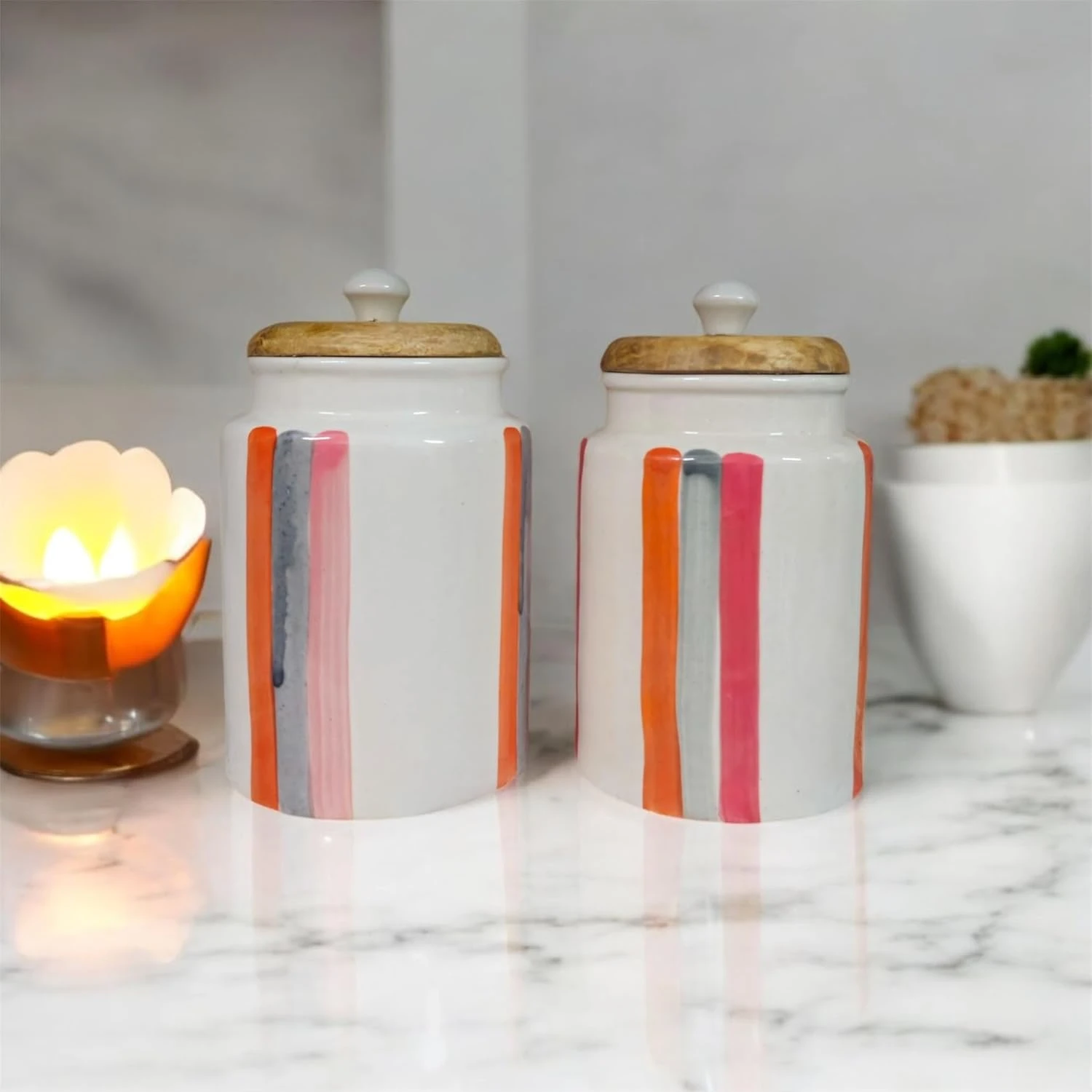 Ceramic Jars with Airtight Wooden Lid | Container | Storage jar | Kitchen Storage for Sugar, Tea, Salt, Pickles | Multipurpose Barnis | Multicolour Set of 2, 900ML each (Pink & White)