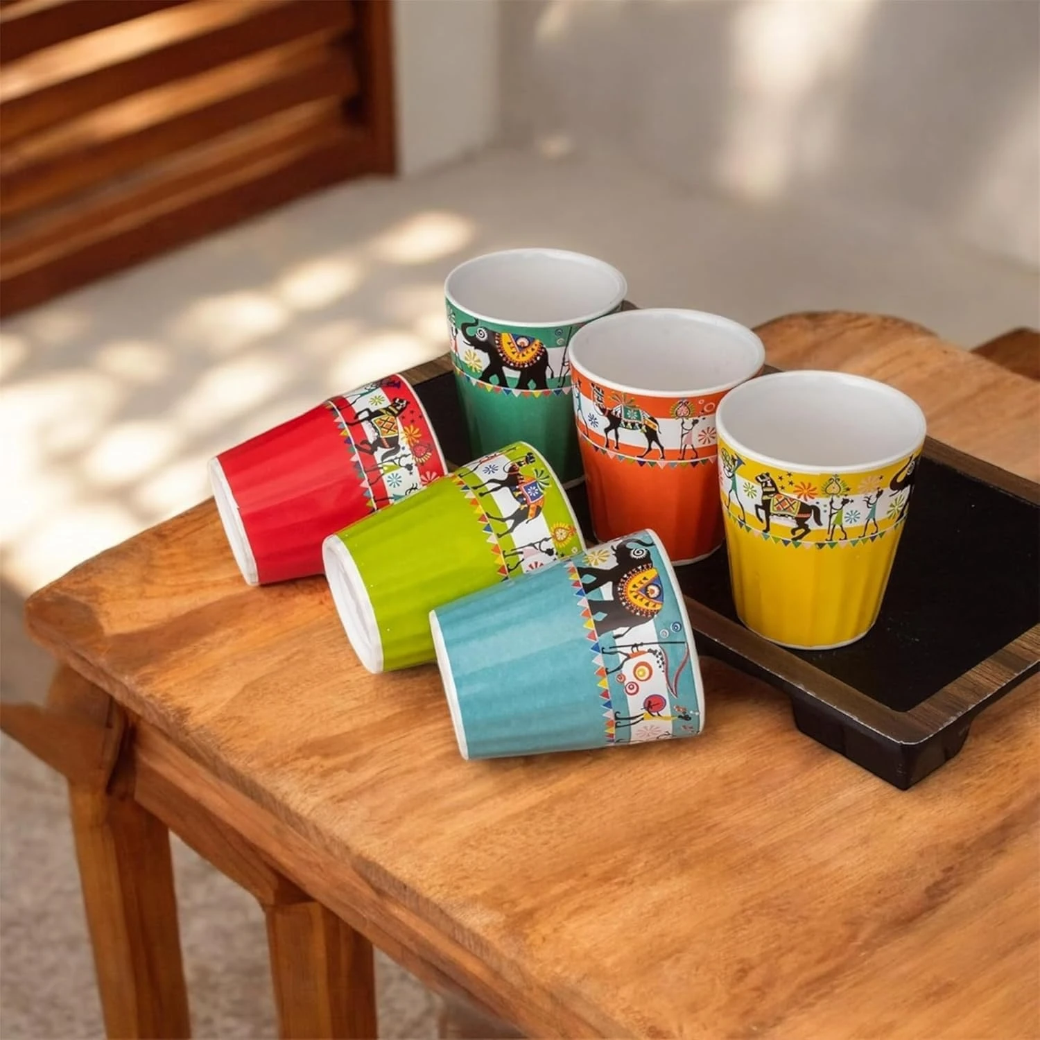 Ceramic Kullad | Desi Traditional Rajasthani Edition Coffee & Tea Cups | Elegant Elephant & Camel Motifs, Set of 6 (Multicolor, 150ml)