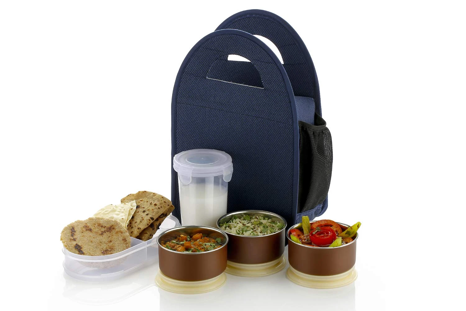 Lunch Box, Lunch Boxes for School, Lunch Box Steel with 3 Push-up Air Tight & Leakage Proof Containers, 1 Caserolles Set with Plastic Bottle, Lunch Boxes for Office with Bag (Blue)