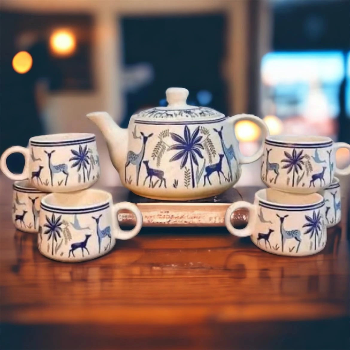 Handcrafted Ceramic Stag Morning Tea Set - 6 Tea Cups, 1 Kettle, Microwave and Dishwasher Safe | Tea Cup with Chai Ki Kettle | Morning Set Perfect for Gifting (White)