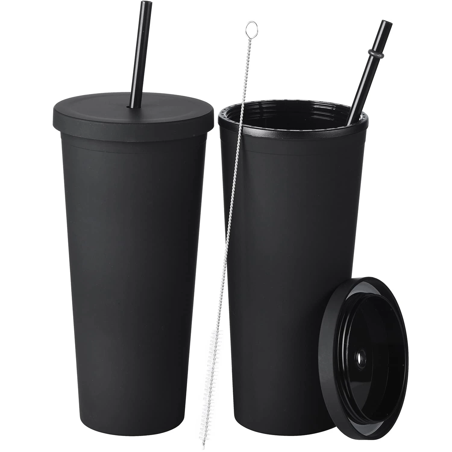 2-Pack Plastic Tumbler with Lid and Straw, 22OZ Reusable Cup with Straws Lids, Double Wall Water Bottle, Iced Coffee Travel Mug Cup with Straw Brush - Black