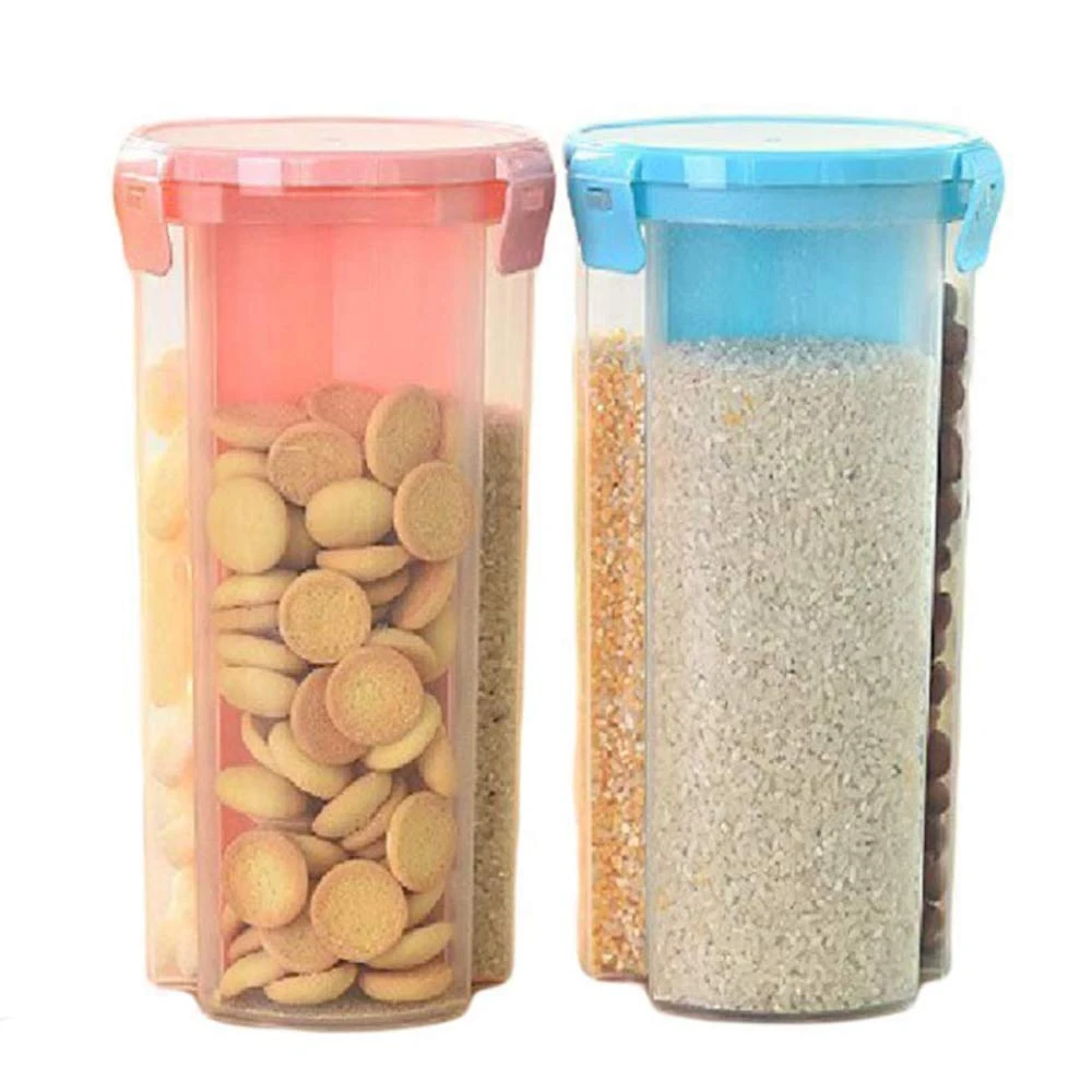 3 in 1 Transparent Sealed Cans Kitchen Sealed Jars Plastic Storage Bottles Storage Box with 2 Grid for Food Cereals Grain Sealed Container - 1500 ml (2pc, Multicolor)