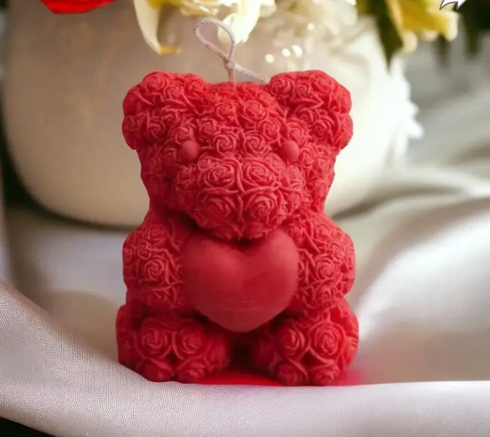 Ambre Candle Handmade Teddy Bear Soy Wax Candle, Rose-Textured, Heart Design, Aromatherapy, Decorative Gift, 40mm Height, 50g Pack of 2 (Red, Blue)
