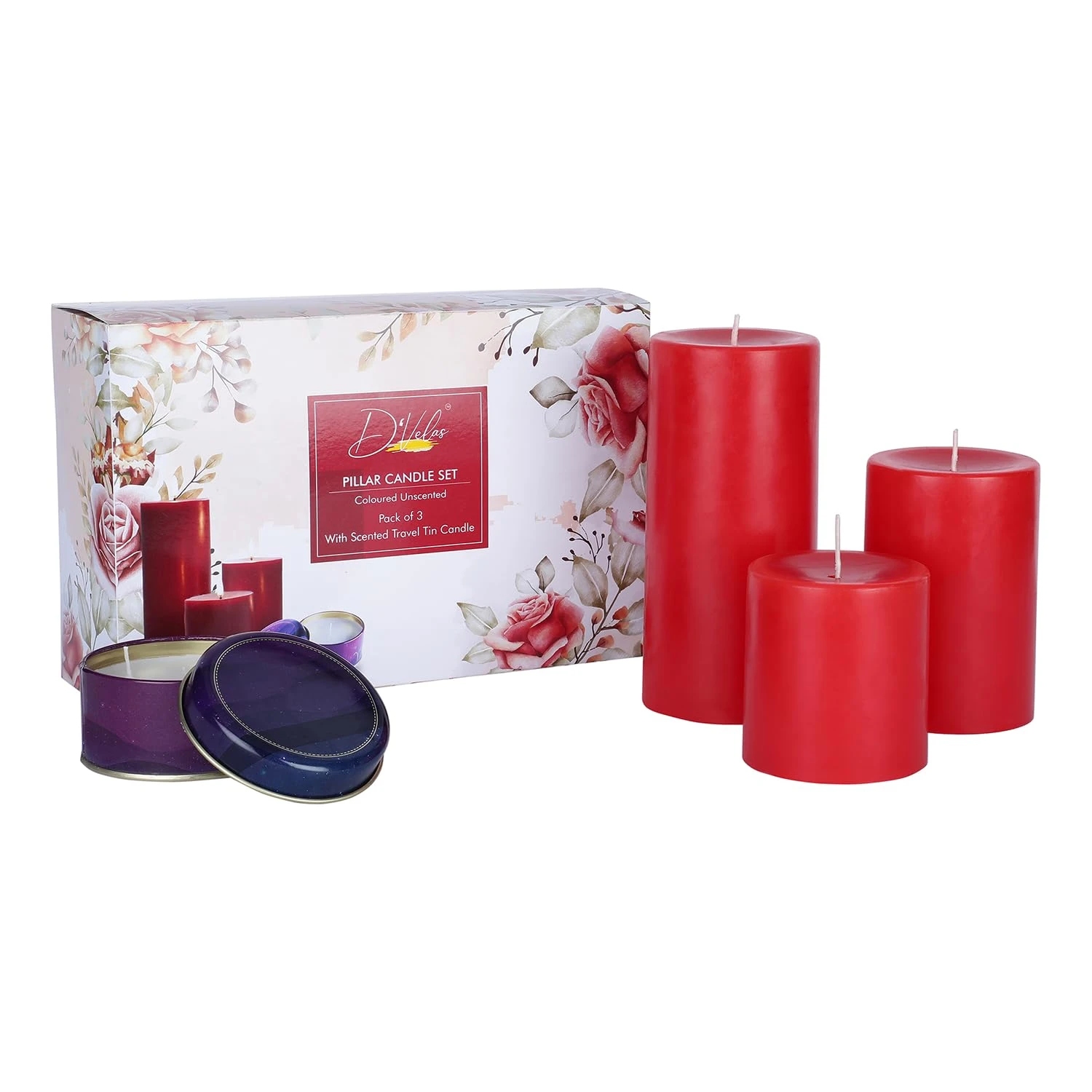 Pack of 3 Unscented Red Pillar Candles | Burn Time 50/65/80 Hours | Bonus 3oz Scented Travel Tin | Long-Lasting Paraffin Wax Candles for Home Décor, Festive Use & Events