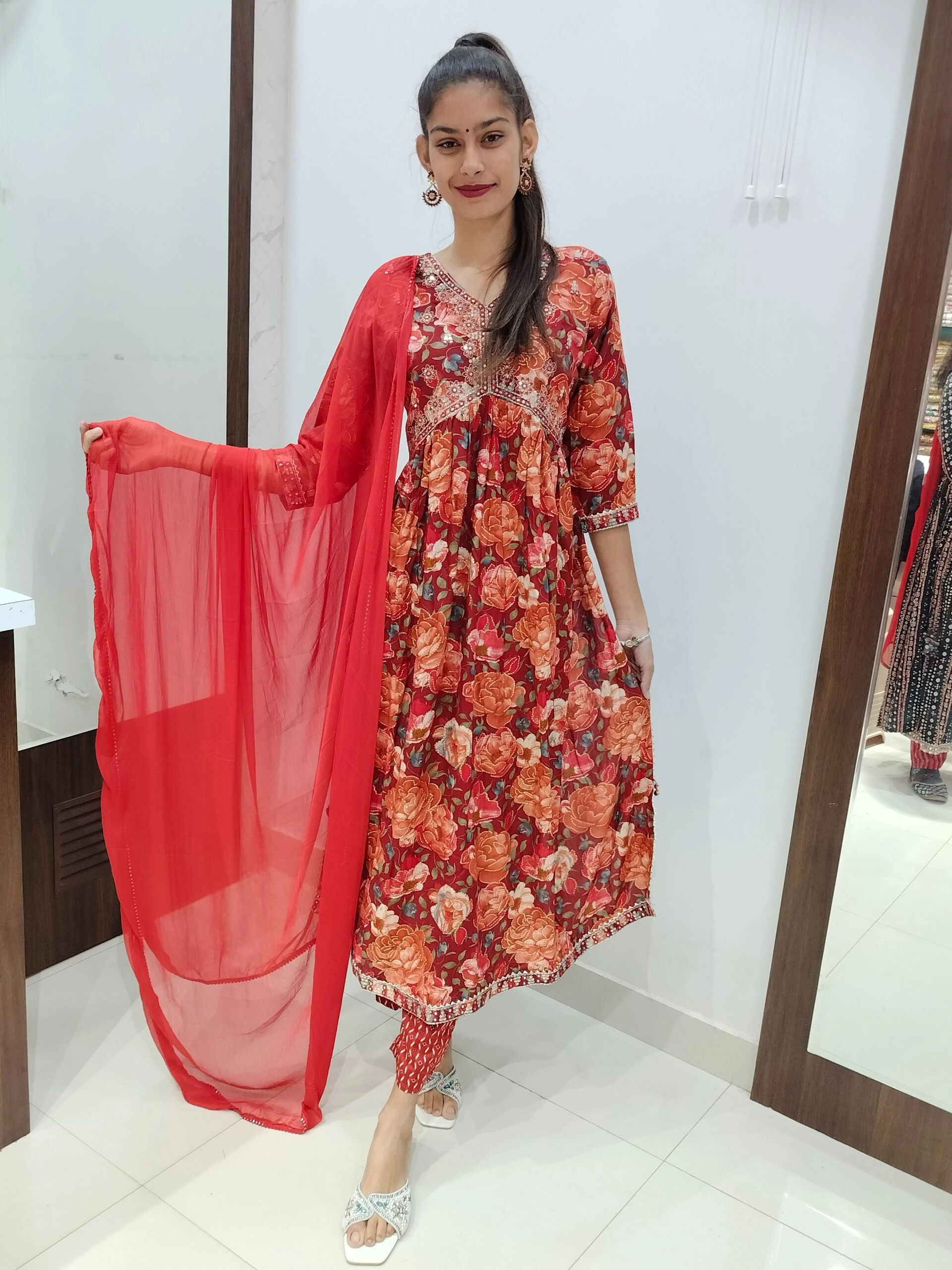 Women's Viscose Rayon Nayra Cut Embroidered Kurta with Pant and Dupatta Set