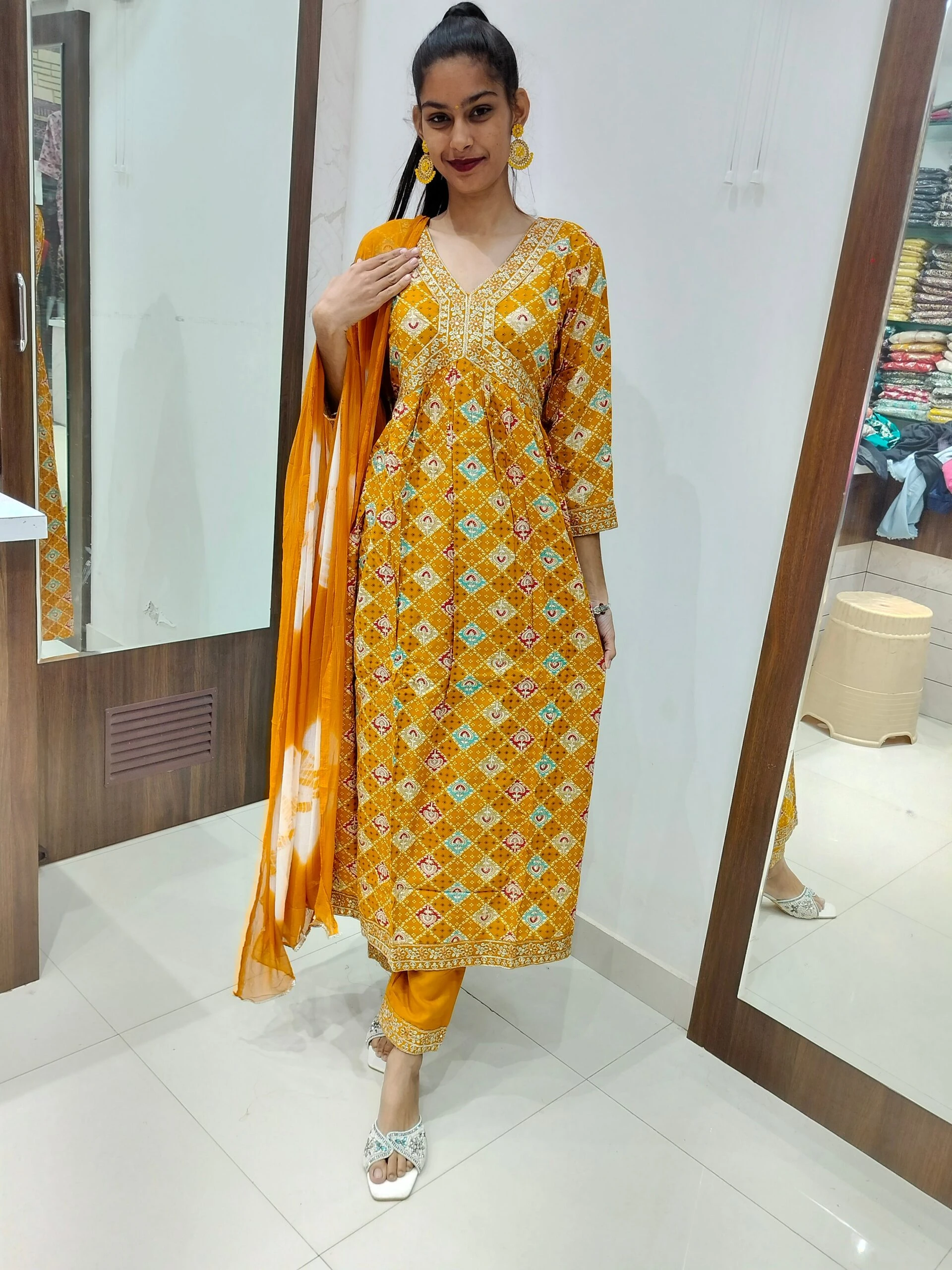 Women's Viscose Rayon Nayra Cut Embroidered Kurta with Pant and Dupatta Set  Size Medium Color Yellow