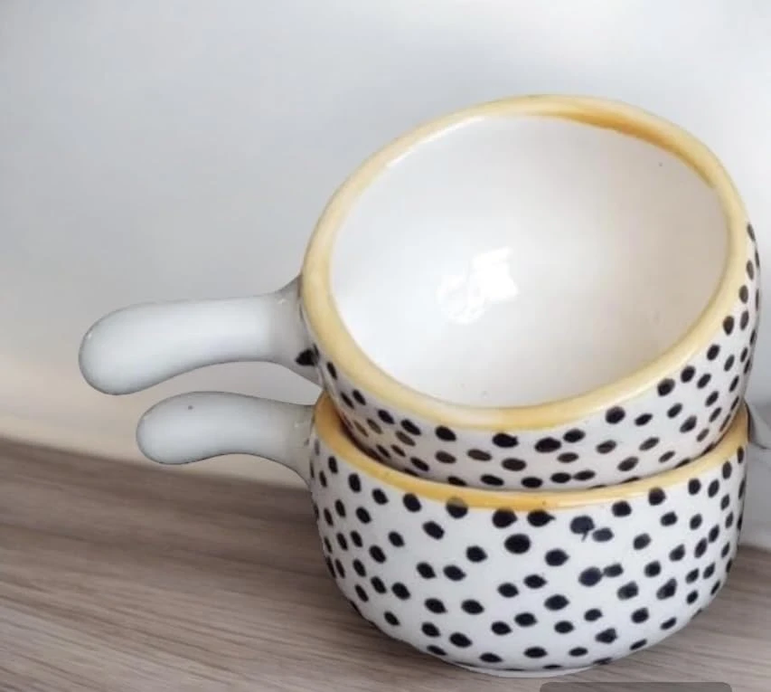 Handpainted Ceramic Small Chutney Bowls with Handle | Round Shape Katori | Chutney Bowl | Pickle Bowl/Sauce Bowl/with Handle (50 ML, Set of 2) Black Dot Design