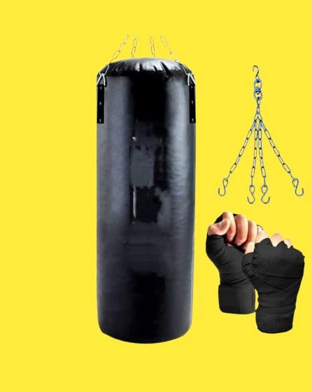 SBR SPORTS' Heavy Duty 4' FEET Filled Black Punching Bag with Chain & HANDWRAP for Home Gym Exercise for Men & Women (4 FEET Filled)