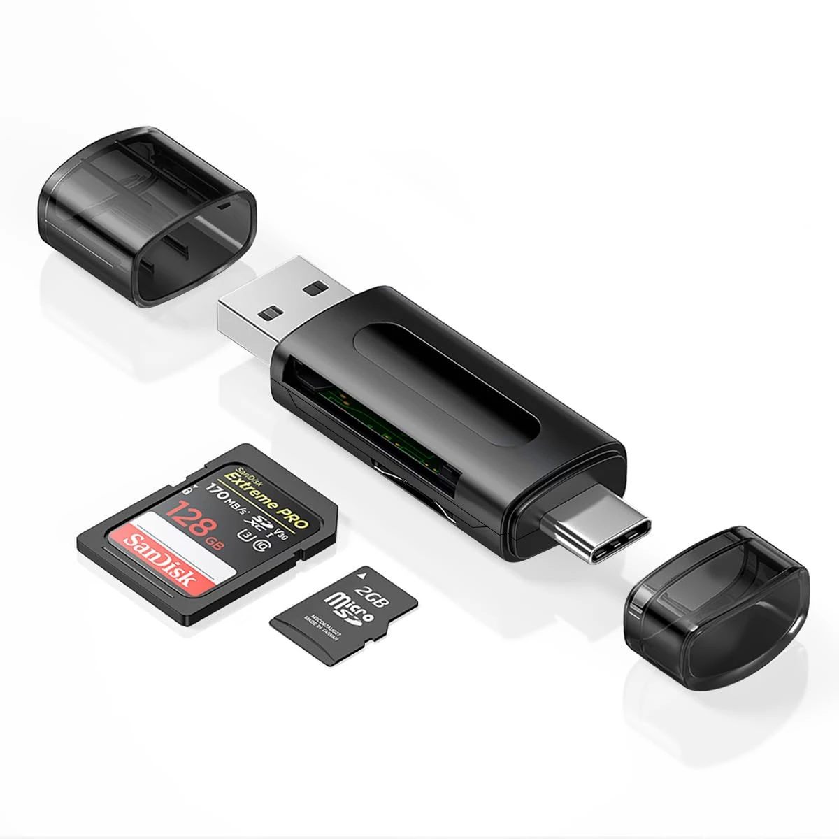 4 in 1 SD & TF Card Reader with Type-C & USB Ports, Portable Memory Card Reader Compatible with TF, SD, SDHC, SDXC, MMC, RS-MMC, Micro SDXC for Computer & Android Phone