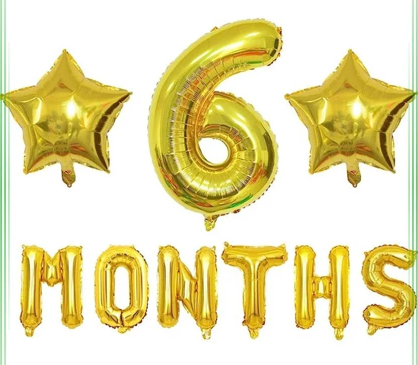 Gold Balloon Set: "6 Months" with Stars & Ribbon