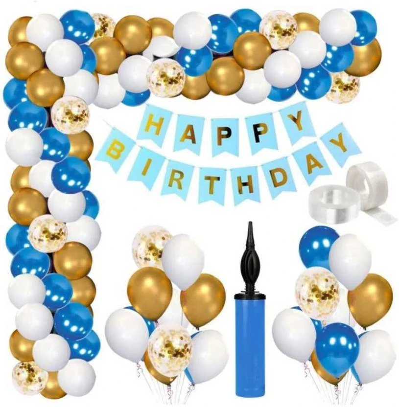 Kapoor stores 79pcs Blue White and Gold Mettalic Balloon  (Set of 79)