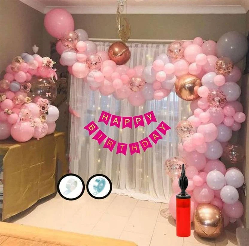 Kapoor stores Birthday Decoration Kit– Pink Gray Balloon with Birthday Banner