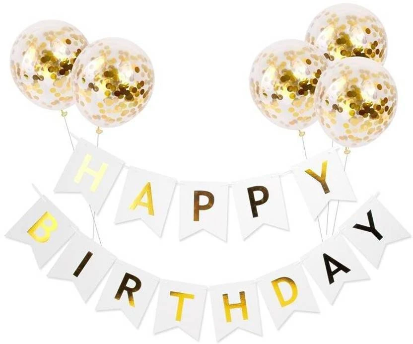Kapoor stores Balloons(5 pcs) with Pre -Filled Confetti and Happy Birthday Banner Combo  (Set of 18)