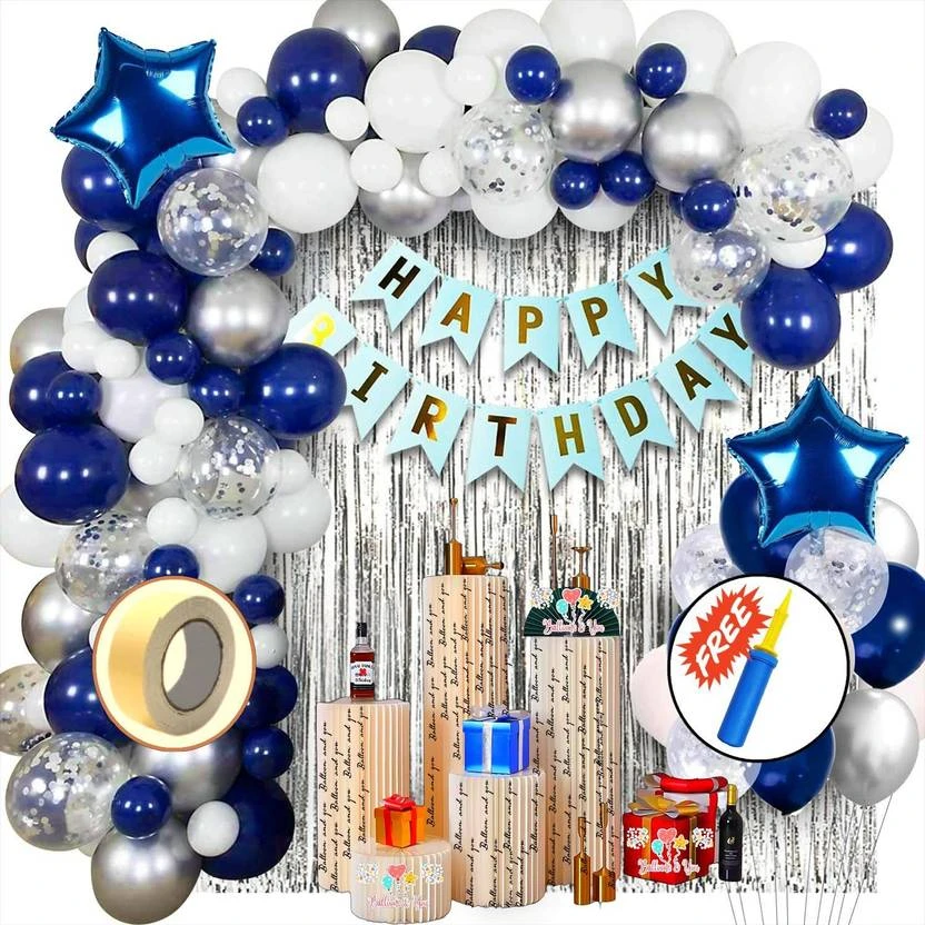 Kapoor stores Blue happy birthday decorations items kit with balloon pump, banner, curtain &