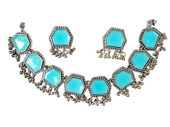 Presents Stylish Hexagon Shape eight different Colour Stone Studded Oxidized Jewellery Necklace Set for Women & Girls.(necklace & earrings set 1)