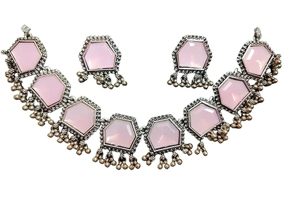 Presents Stylish Hexagon Shape eight different Colour Stone Studded Oxidized Jewellery Necklace Set for Women & Girls.(necklace & earrings set of 2)