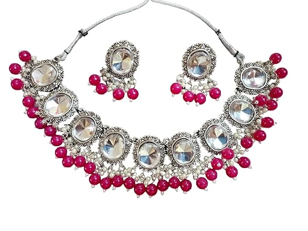 Presents Stylish Hexagon Shape eight different Colour Stone Studded Oxidized Jewellery Necklace Set for Women & Girls.(necklace & earrings set 1)