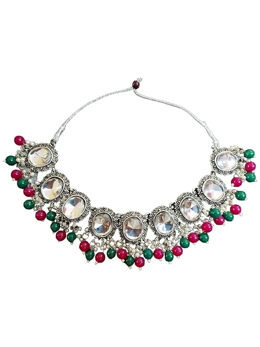 Presents Stylish Hexagon Shape eight different Colour Stone Studded Oxidized Jewellery Necklace Set for Women & Girls.(necklace & earrings set of 2)