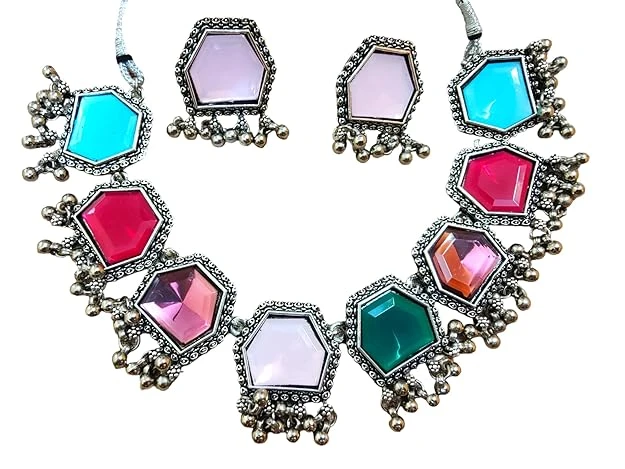 Presents Stylish Hexagon Shape eight different Colour Stone Studded Oxidized Jewellery Necklace Set for Women & Girls.(necklace & earrings set 1)