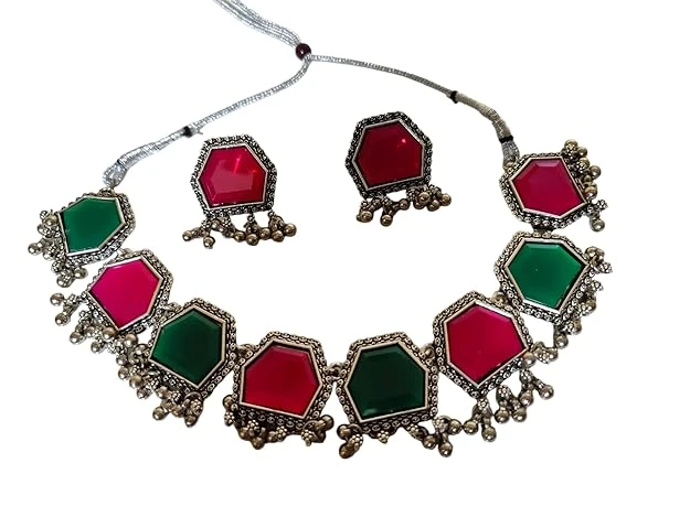 Presents Stylish Hexagon Shape eight different Colour Stone Studded Oxidized Jewellery Necklace Set for Women & Girls.(necklace & earrings set 1)