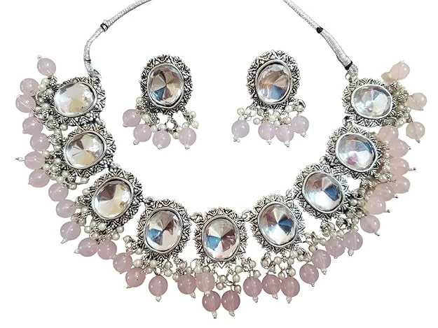 Presents Stylish Hexagon Shape eight different Colour Stone Studded Oxidized Jewellery Necklace Set for Women & Girls.(necklace & earrings set of 2)