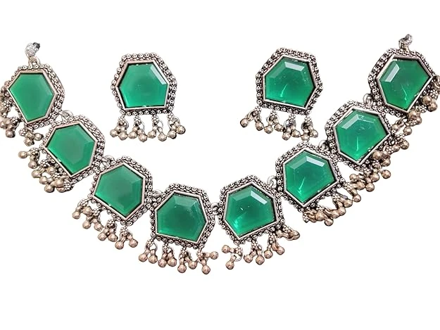 Presents Stylish Hexagon Shape eight different Colour Stone Studded Oxidized Jewellery Necklace Set for Women & Girls.(necklace & earrings set  of 2